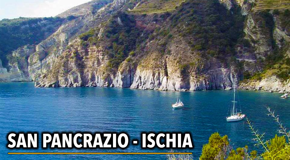 Picturesque cliff view near Thermal Spring of Sorgeto Bay, Ischia Island, Italy.
