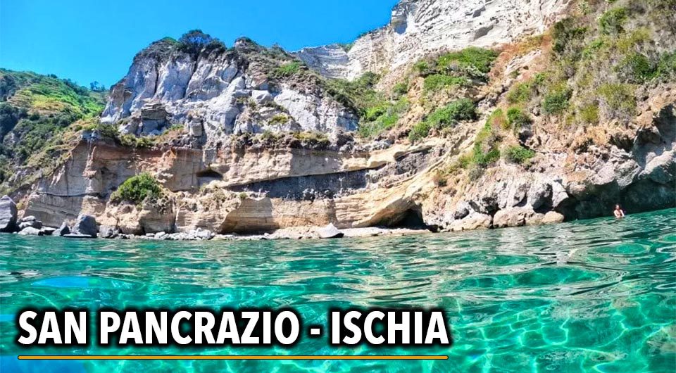 Picturesque cliff view near Thermal Spring of Sorgeto Bay, Ischia Island, Italy.